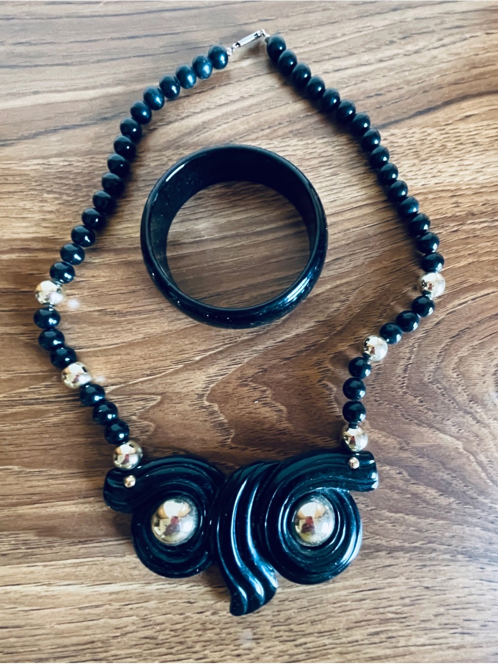 Vintage Black Beaded Owl Statement Necklace and Bangle - Elegant Women's Jewelry